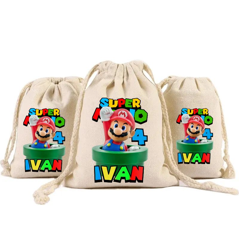 sacchetti in cotone porta confetti bomboniera personalizzati festa compleanno a tema super mario bros