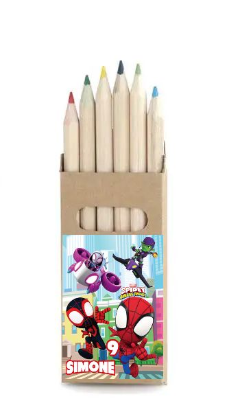 adesivo set matite colorate personalizzate con nome gadget regalini fine festa compleanno a tema spidey e i suoi fantastici amici