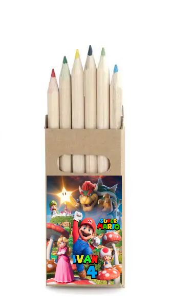 adesivo set matite colorate personalizza te con nome gadget regalini fine festa compleanno a tema super mario bros