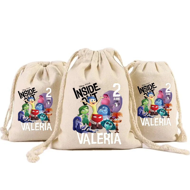 sacchetti in cotone porta confetti bomboniera personalizzati festa compleanno a tema inside out