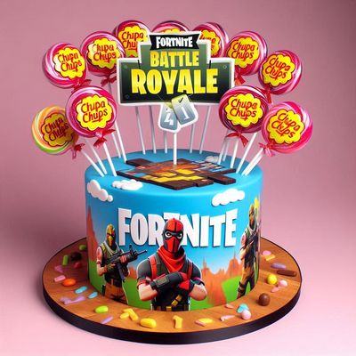 torta finta in polistirolo centrotavola chupa chups festa compleanno personalizzato fortnite