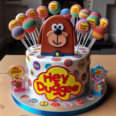 Torta finta polistirolo chupa chups Hey Duggee scenografica