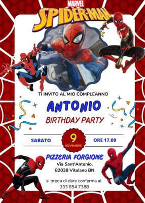 biglietto invito cartaceo e digitale da inviare con whatsapp festa compleanno spiderman