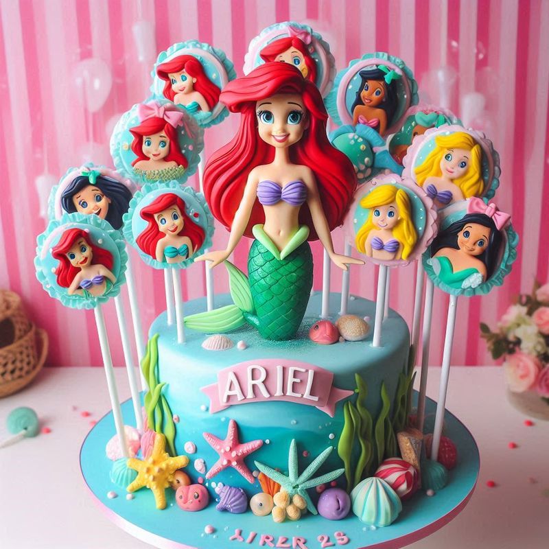 torta finta in polistirolo centrotavola chupa chups festa compleanno personalizzato ariel la sirenetta