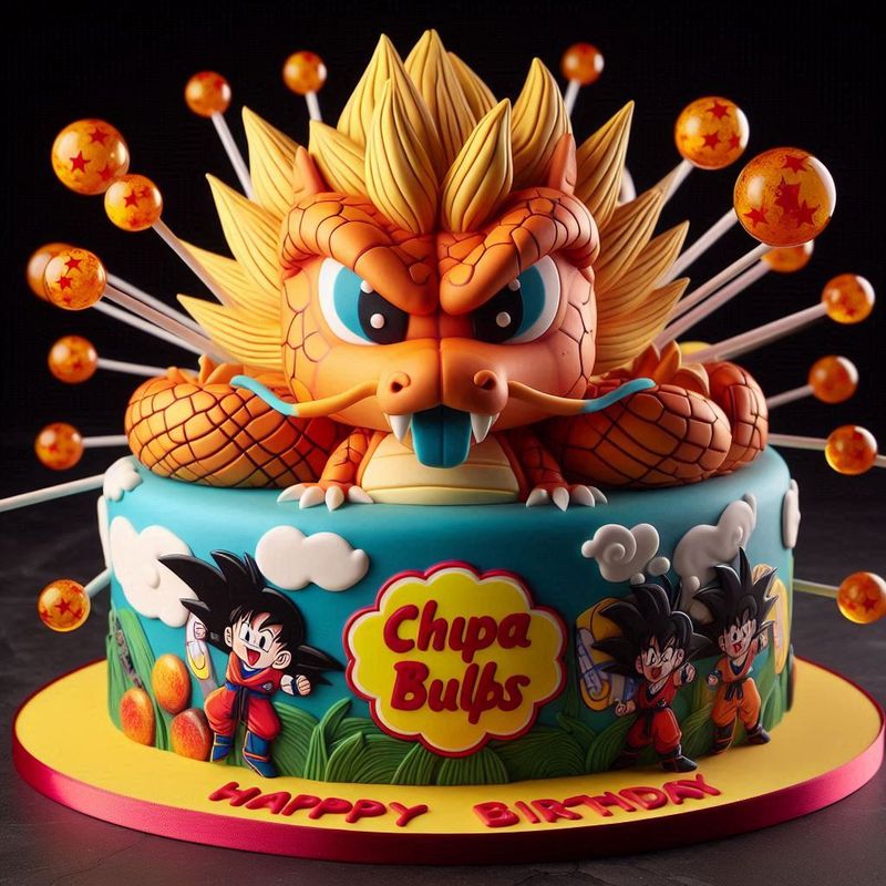 torta finta in polistirolo centrotavola chupa chups festa compleanno personalizzato dragon ball