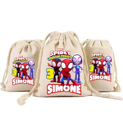 sacchetti in cotone porta confetti bomboniera personalizzati festa compleanno a tema spidey e i suo…