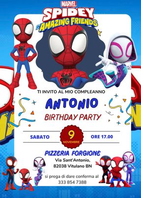 biglietto invito cartaceo e digitale da inviare con whatsapp festa compleanno spidey e i suoi amici