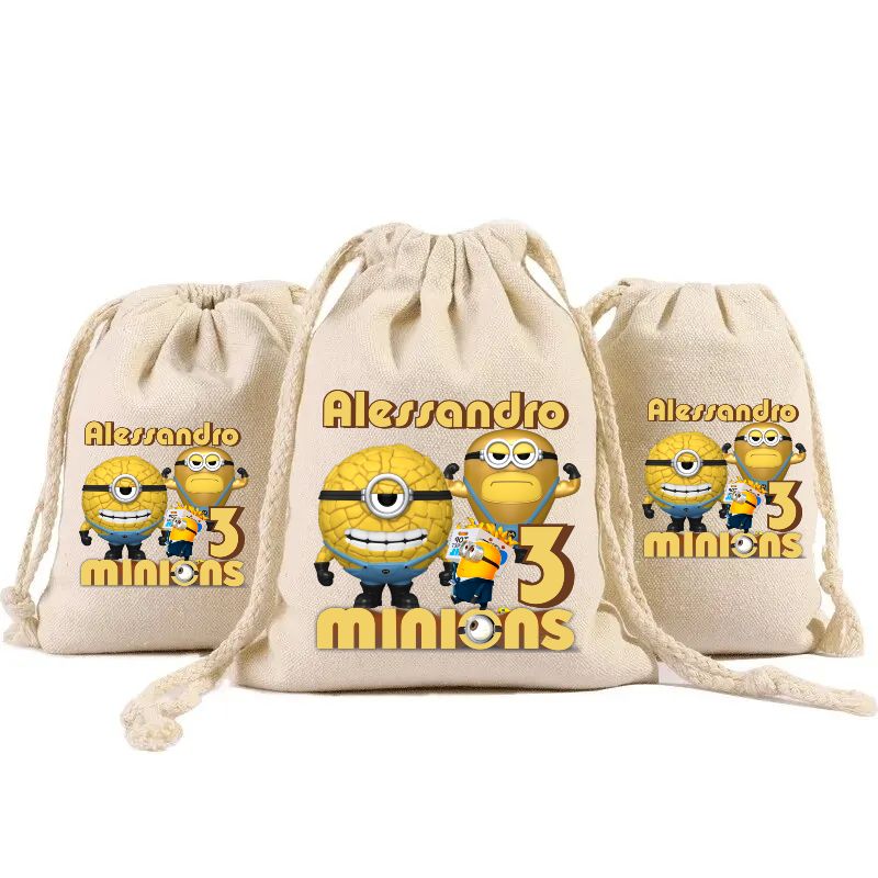 sacchetti in cotone porta confetti bomboniera personalizzati festa compleanno a tema minions cattivissimo me