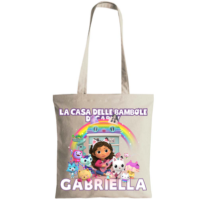 Borsa Shopping Manici Lunghi cotone personalizzata regalini festa compleanno a tema Gabby's dollhouse casa delle bambole