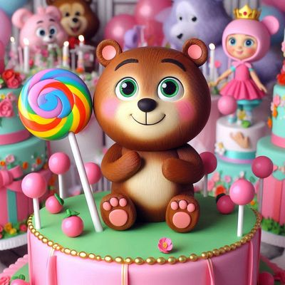 Torta finta base polistirolo lecca lecca chupa chups scenografica mascia e orso