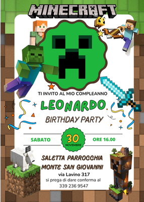 biglietti inviti invitati festa compleanno minecraft personalizzati