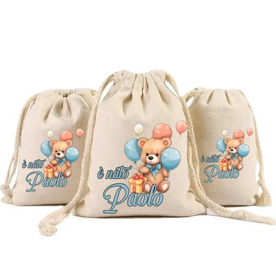 sacchetti in cotone porta confetti bomboniera personalizzati festa nascita fiocco