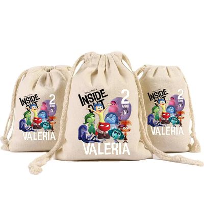 sacchetti in cotone porta confetti bomboniera personalizzati festa compleanno a tema inside out