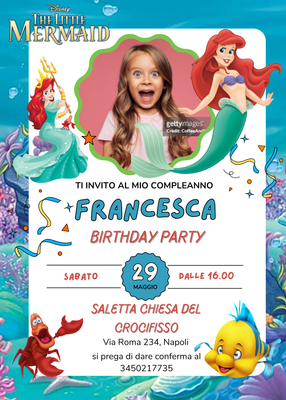 biglietti inviti cartacei digitali da condividere via whatsapp a tema Ariel la Sirenetta