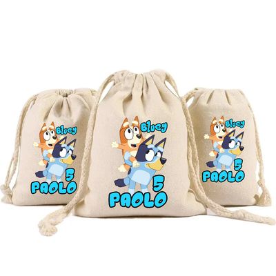 sacchetti in cotone porta confetti bomboniera personalizzati festa compleanno a tema Bluey