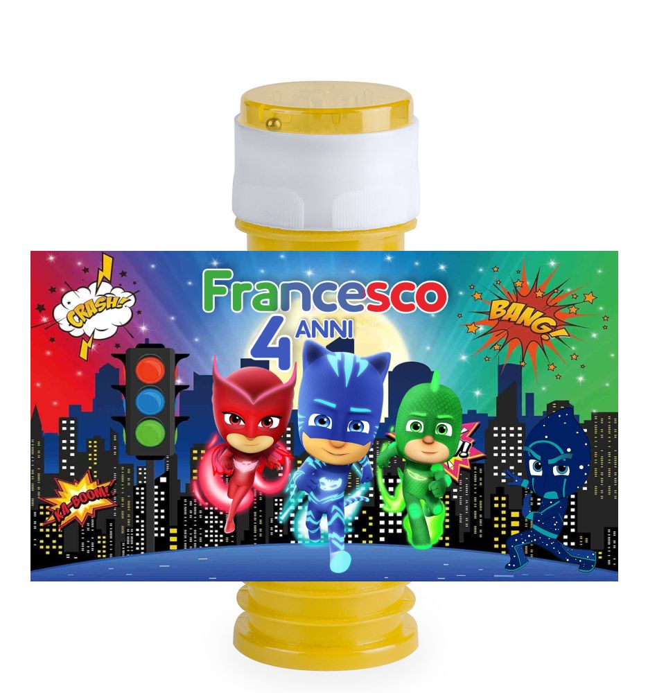 16 etichette adesive bolle di sapone Pj Masks personalizza festa a tema