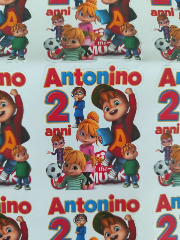 10 etichette adesivi sagomati Alvin personalizza Bicchieri festa