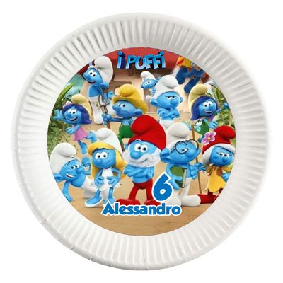 10 dischi tondi piatti carta Puffi personalizza festa