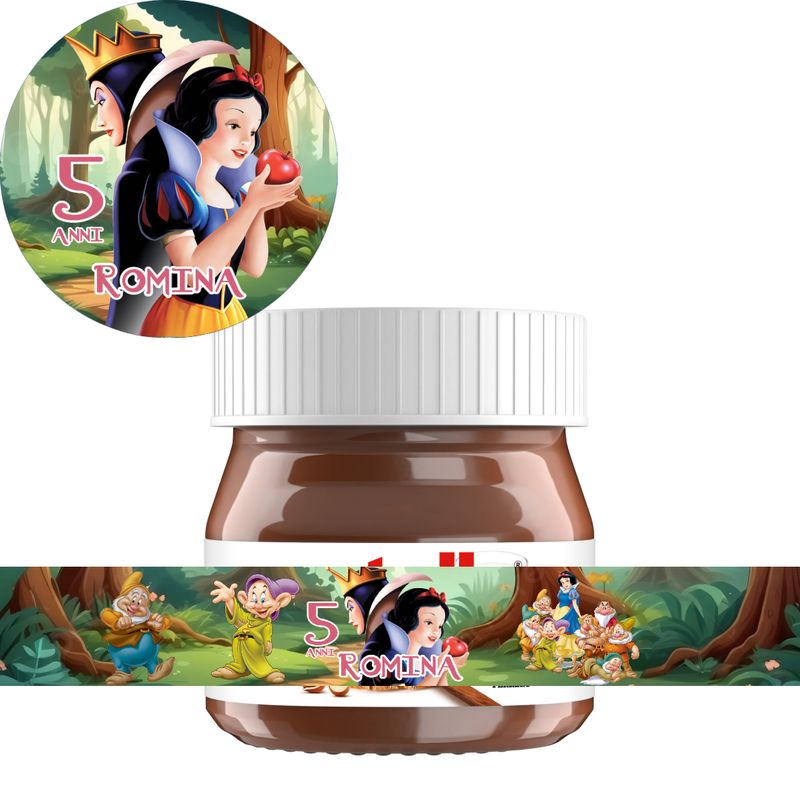 40 Adesivi 20 Tappo + 20 etichette vasetto Biancaneve personalizza mini Nutella