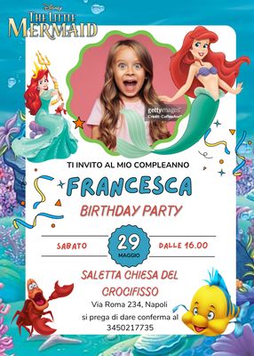 biglietti inviti cartacei digitali da condividere via whatsapp a tema Ariel la Sirenetta