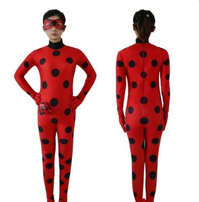 Miraculous Ladybug costume in lycra elasticizzato + maschera carnevale + pochette yoyo travestimento cosplay taglia bambina e adulti S M L