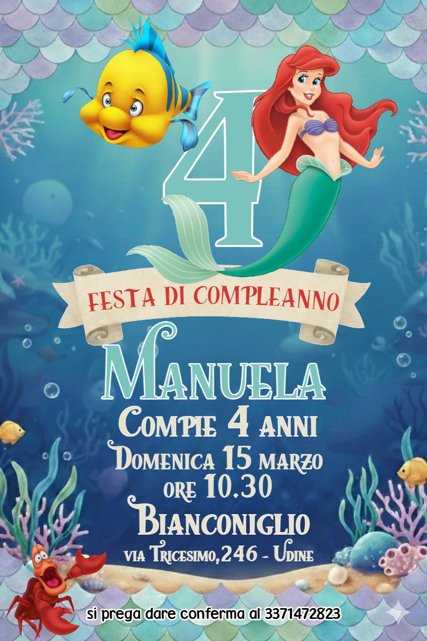 8 biglietti Inviti cartacei Ariel personalizzati feste compleanno