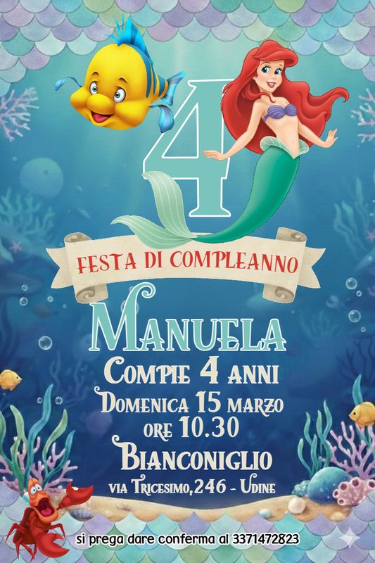 8 biglietti Inviti cartacei Ariel personalizzati feste compleanno