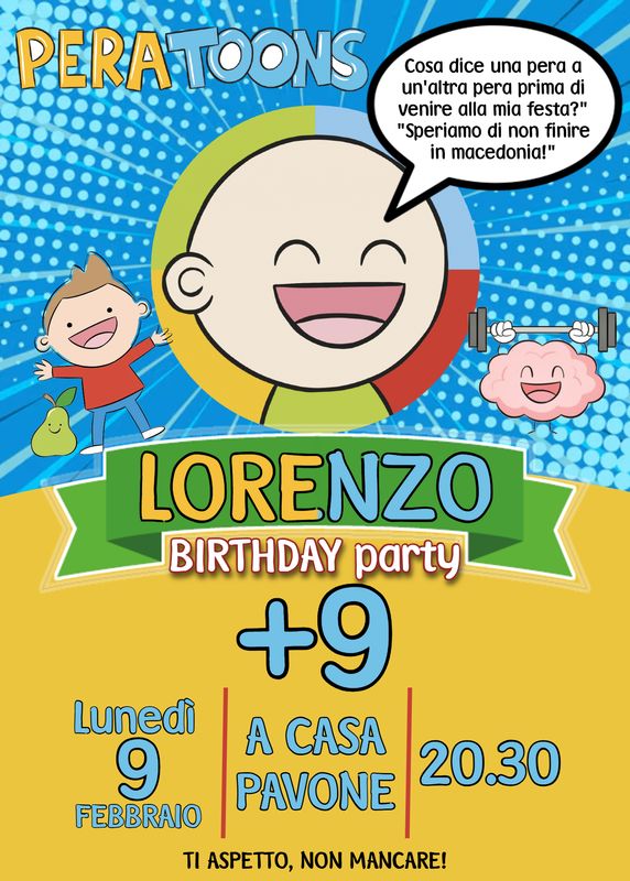 8 biglietti Inviti cartacei Pera Toons personalizzati feste compleanno
