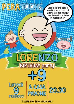 8 biglietti Inviti cartacei Pera Toons personalizzati feste compleanno