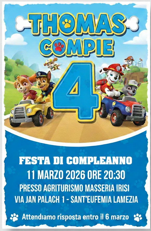 8 biglietti Inviti cartacei Paw Patrol personalizzati feste compleanno