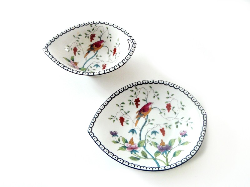 Nippon Sauce Boat Saucier or Gravy with Plate Hand Painted Flowers and Birds