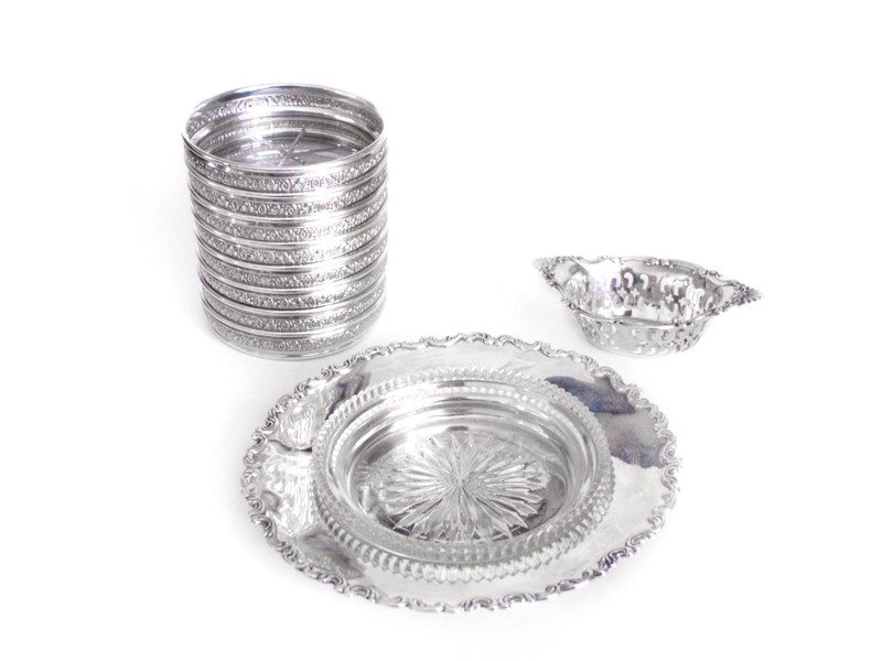 10 pcs Birks Sterling 8 Coasters Open Nut Dish Cut Crystal