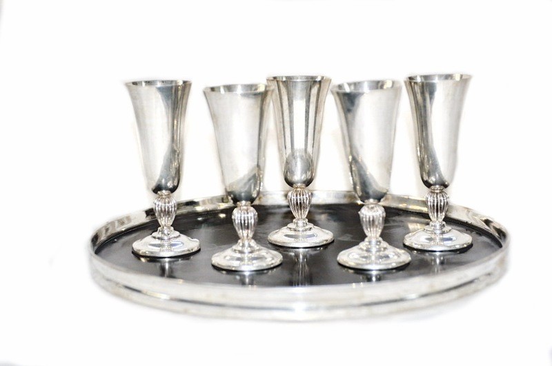 Reed &amp; Barton Deco Silver Cordial Cocktail Set Tray 8 Glasses