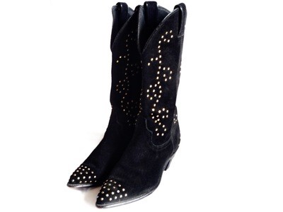 Vintage Black Suede Brass Studded Boots 9 1/2 Western Boot