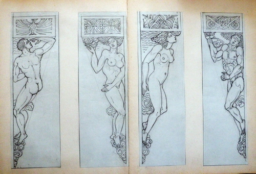 Art Deco Heinrich Arad Schmidt Nude Male Female Cornice Graphite Drawing