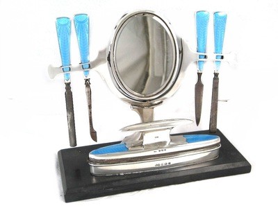 Art Deco British Silver Blue Guilloche Enamel Vanity Mirror Manicure Set