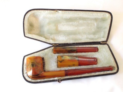 1930s Catalin Red Bakelite 3 Piece Smokers Set Pipe Cigar Cigarette Holder Boxed