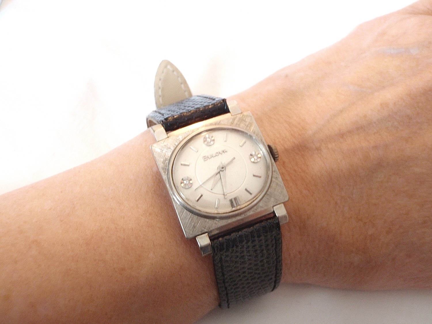 Bulova Wristwatch White Gold Plate, Stippled Square Case