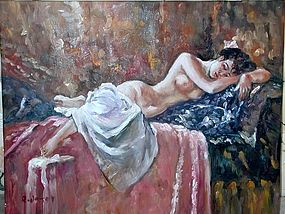 Vintage Oil Painting Beautiful Nude Reclining on a Chaise Lounge