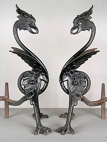 Exceptional Bradley and Hubbard Cast Iron Figural Phoenix Andirons c. 1880 - 90