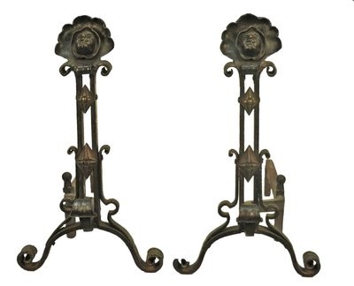Antique Arts and Crafts Bronze Forged Iron Monk Face Andirons - American Gothic Fireplace Insert