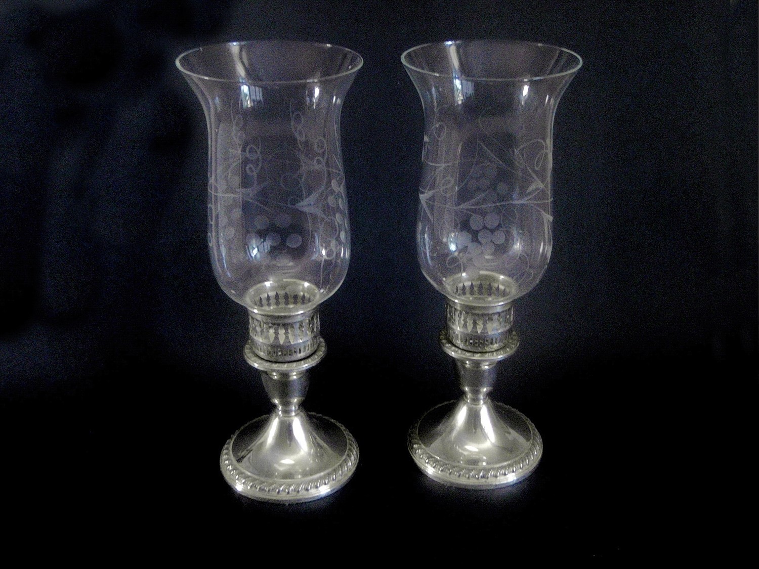 2 Antique Rogers Sterling Candle Holder with Hurricane Shades