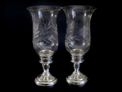 2 Art Deco Birks Sterling Candlesticks Etched Hurricane Shades