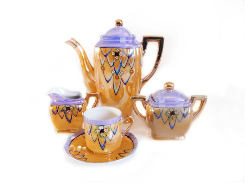 Art Deco Lusterware 16pc Espresso Coffee Set Hand Painted Porcelain