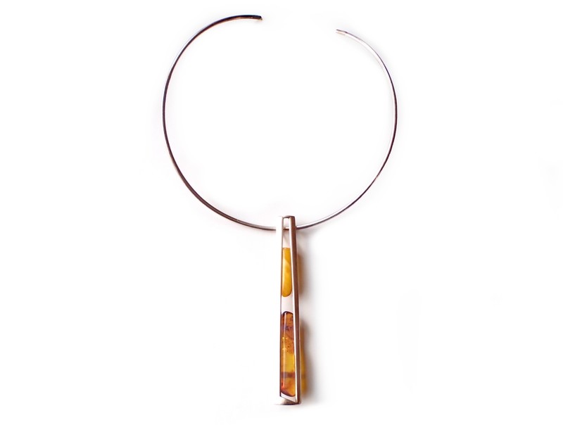 Artisan Baltic Amber Silver Modernist Long Bar Necklace