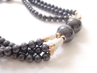 Hematite River Pearl Triple Strand Necklace
