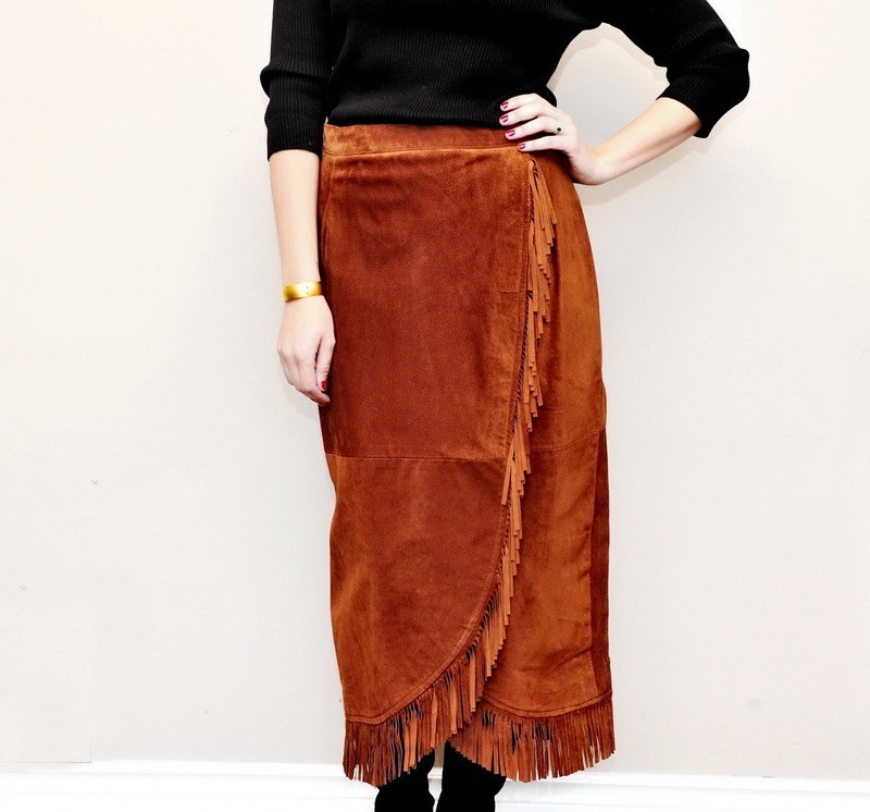 Vintage 1990s Fringed Brown Suede Full Length Skirk