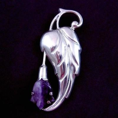 1940's Silver Repousse and Amethyst Flower Brooch 
