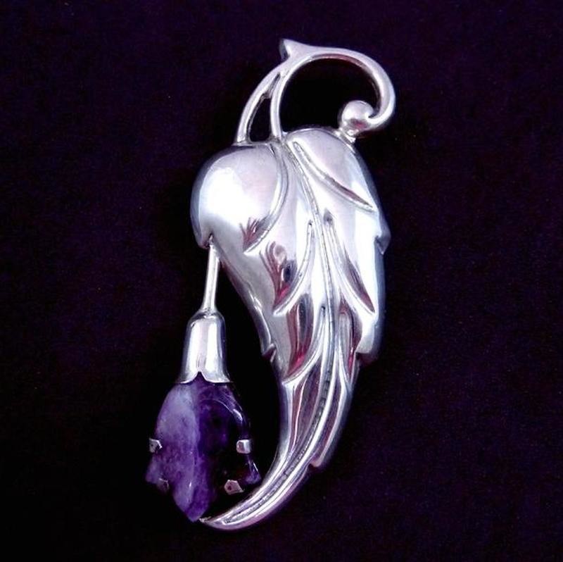 1940's Silver Repousse and Amethyst Flower Brooch 
