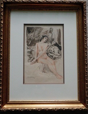 Art Deco Nude Watercolor Framed Painting 